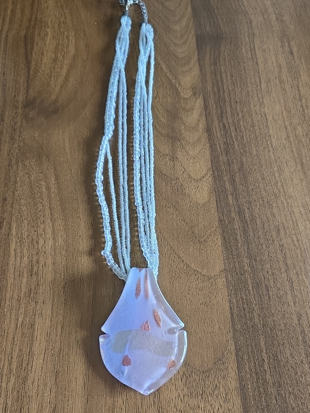 Light Pink Art Glass Pendant Necklace With Pearlescent Beads